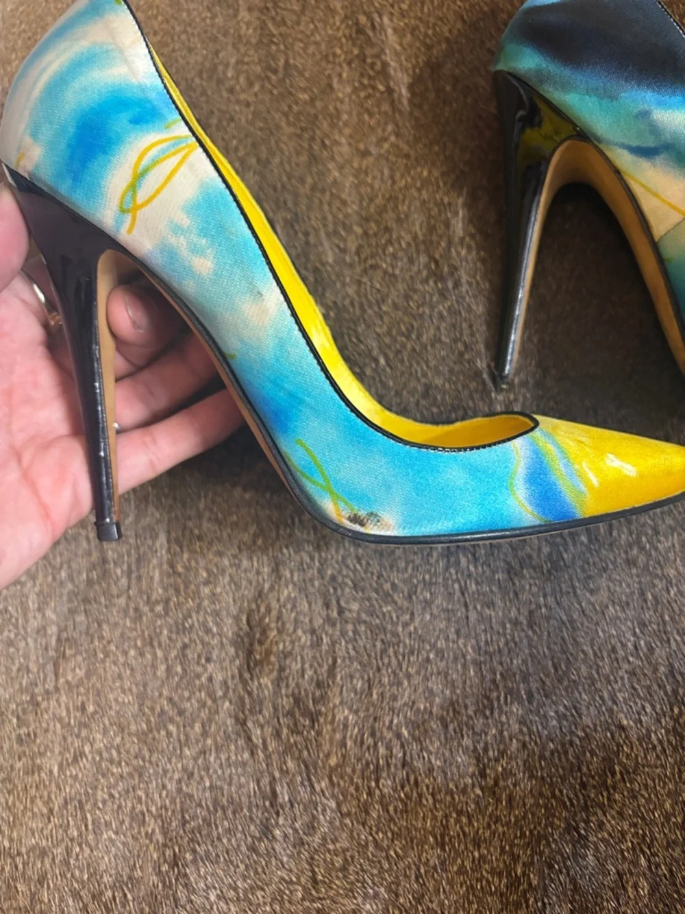 Manolo Blahnik Yellow and Blue Marble Point-Toe Stiletto